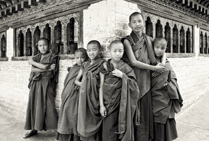 Little monks at the prayer wall, Dechen Phodrang, 2002