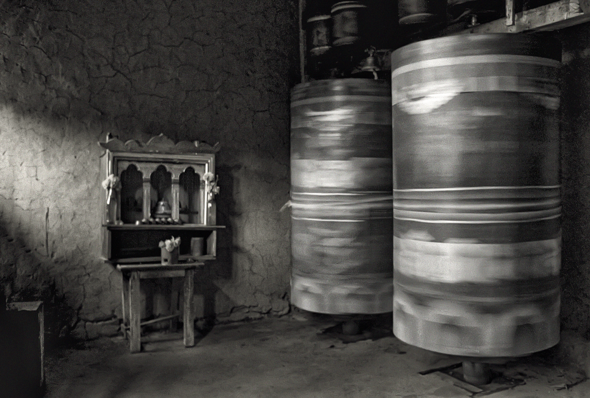 Prayer wheels on the trail to Taktshang, 1991
