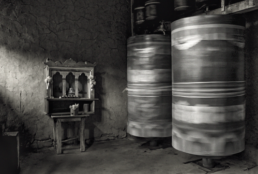 Prayer wheels on the trail to Taktshang, 1991
